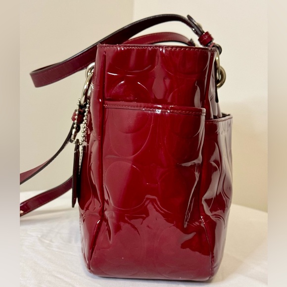 Coach Embossed Signature Burgundy Patent Leather Shoulder Bag - Picture 5 of 16